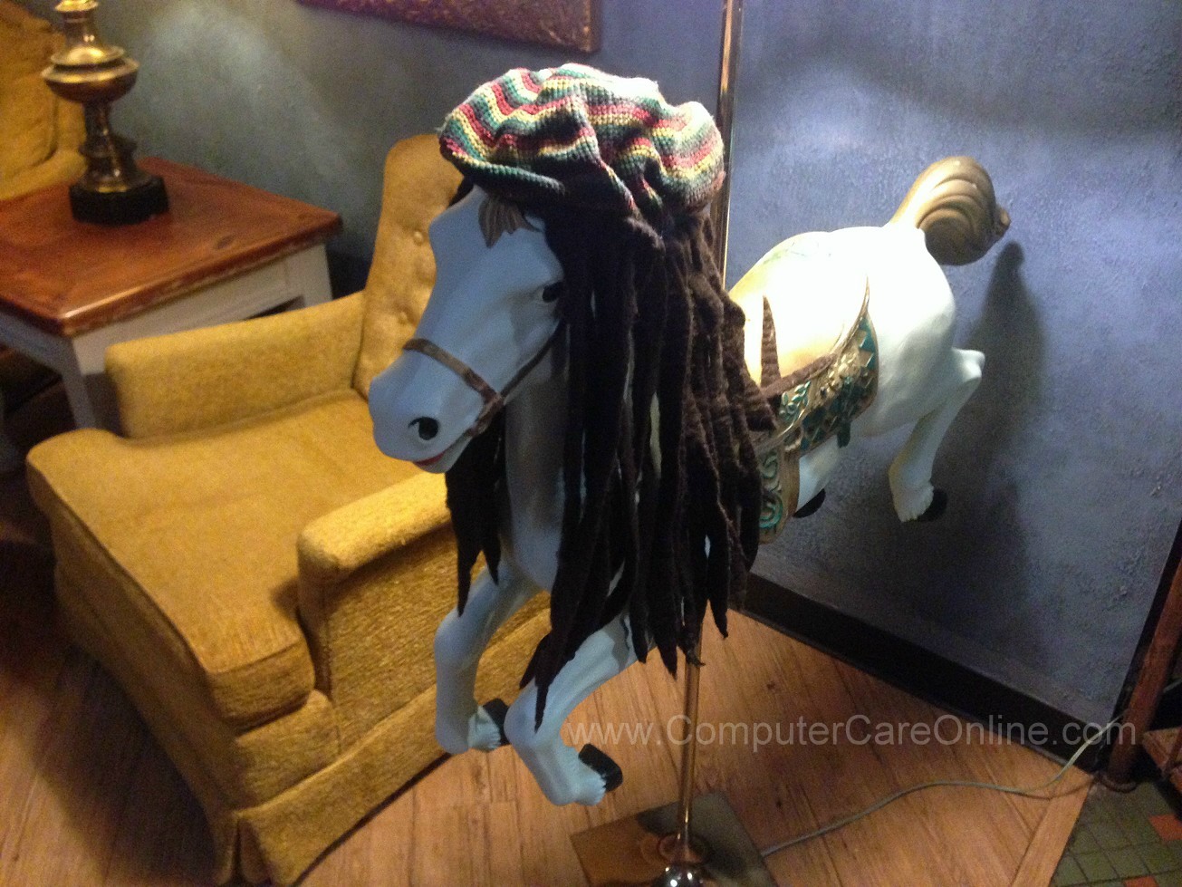 Just a carousel horse lamp wearing a dreadlocks wig, to brighten your day.