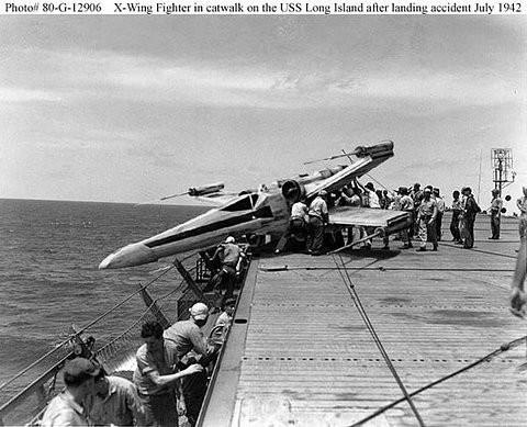 X wing fighter landing accident aboard USS Long Island.